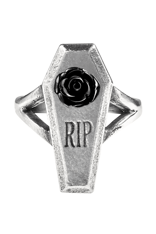 Gothic Coffin and Rose Pewter Ring with 'RIP' Engraving
