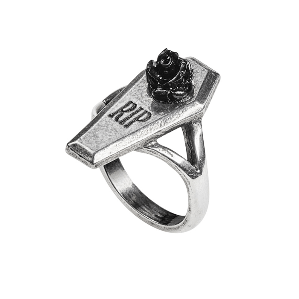Gothic Coffin and Rose Pewter Ring with 'RIP' Engraving