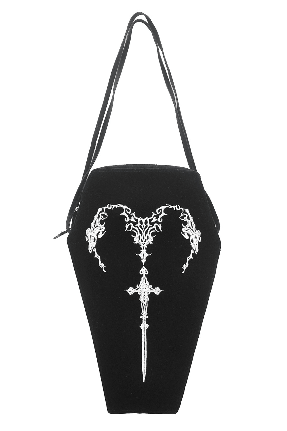 Gothic Coffin Shoulder Bag with Embroidered Sword Design