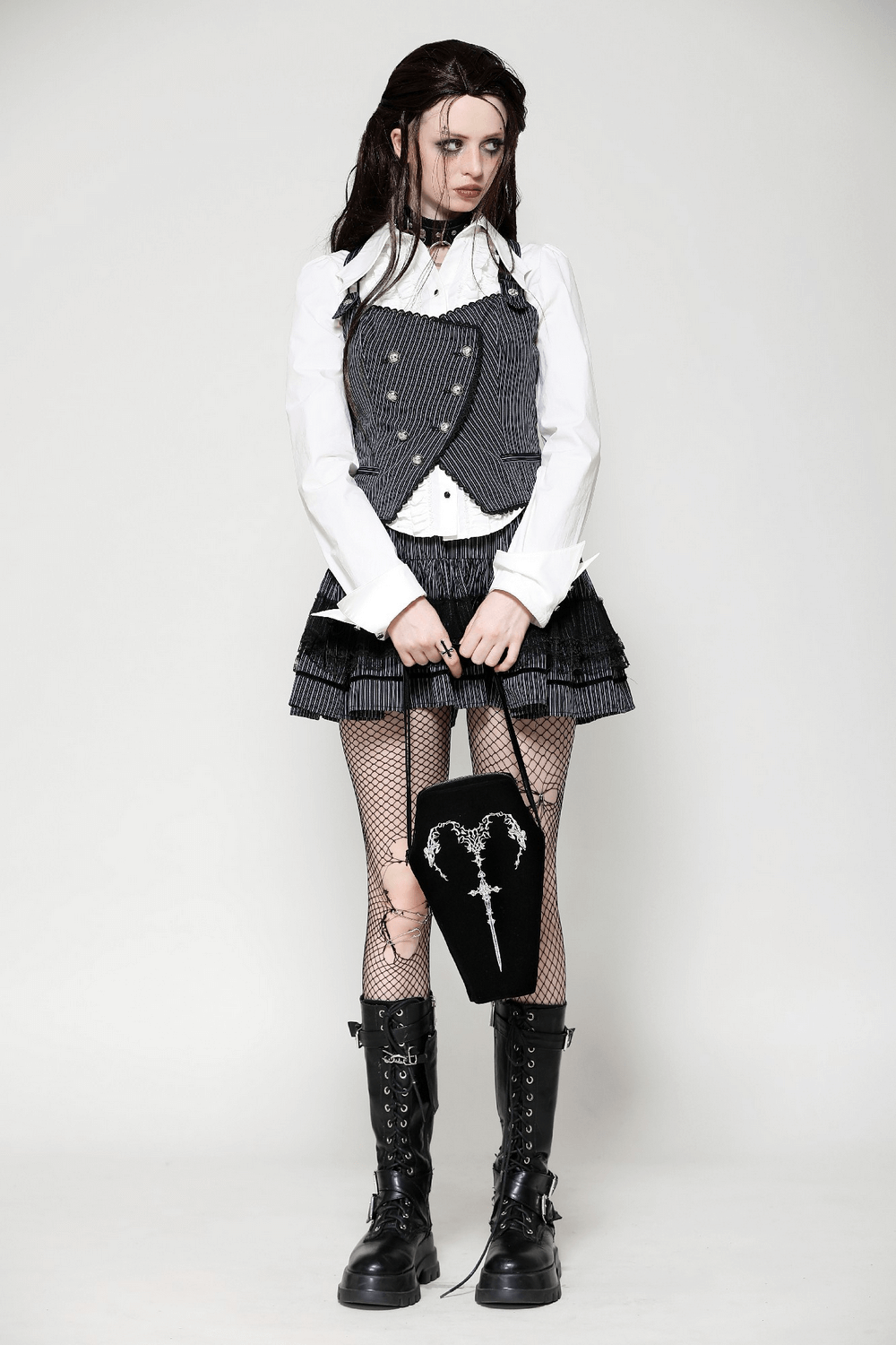 Gothic Coffin Shoulder Bag with Embroidered Sword Design