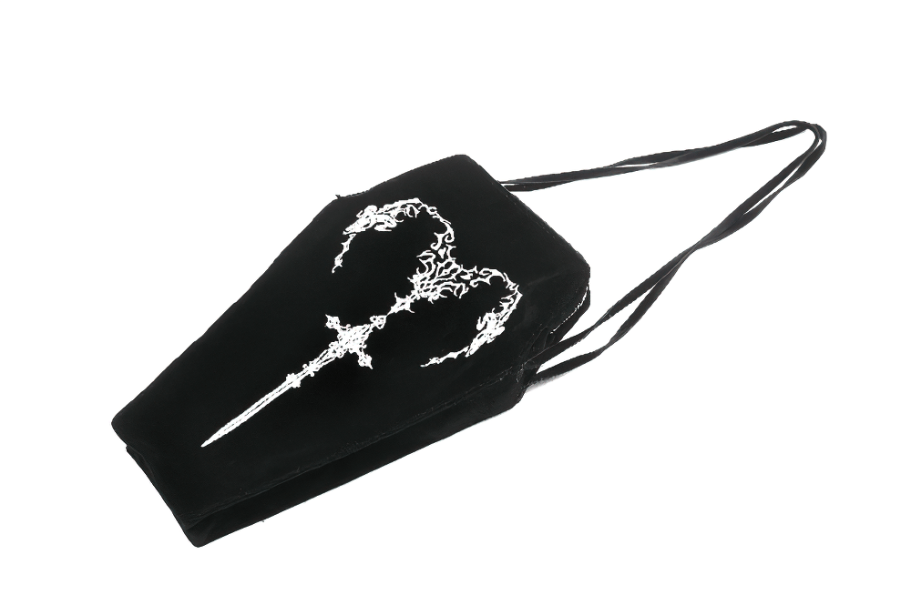 Gothic Coffin Shoulder Bag with Embroidered Sword Design