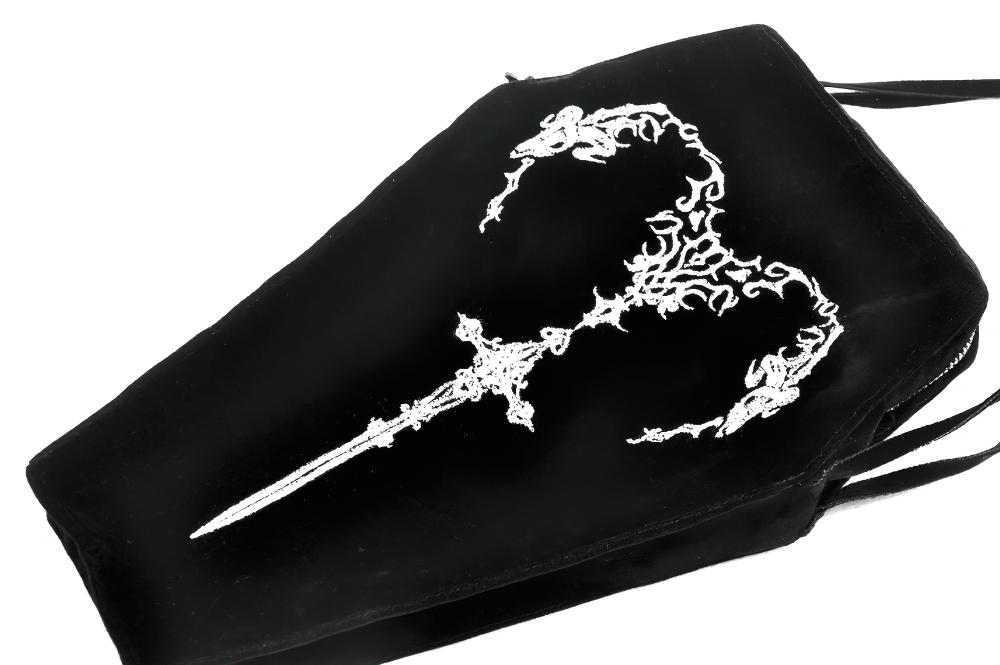 Gothic Coffin Shoulder Bag with Embroidered Sword Design