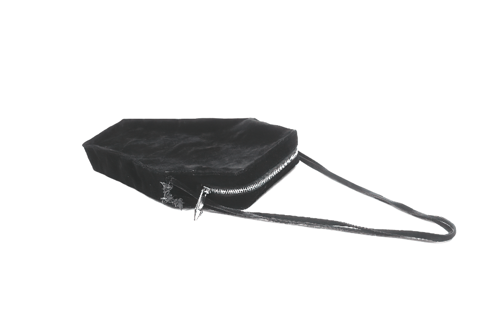 Gothic Coffin Shoulder Bag with Embroidered Sword Design