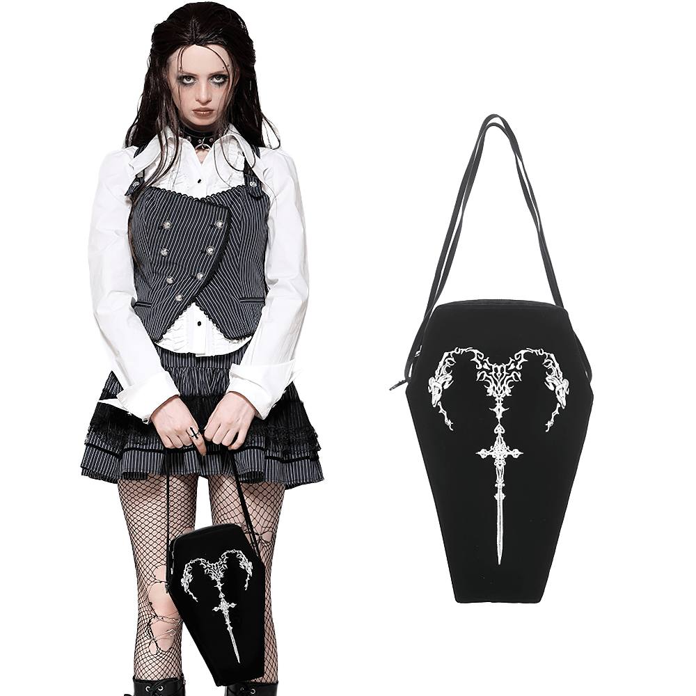 Gothic Coffin Shoulder Bag with Embroidered Sword Design