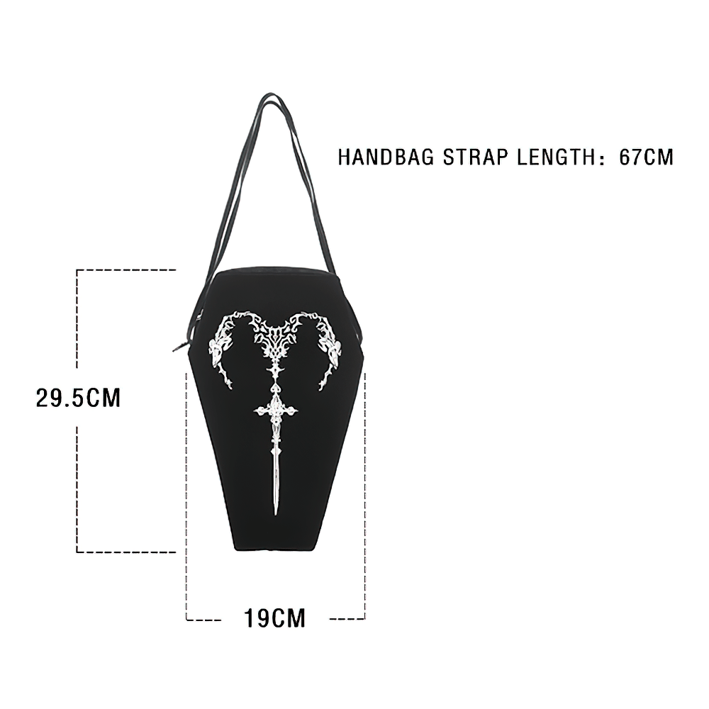 Gothic Coffin Shoulder Bag with Embroidered Sword Design