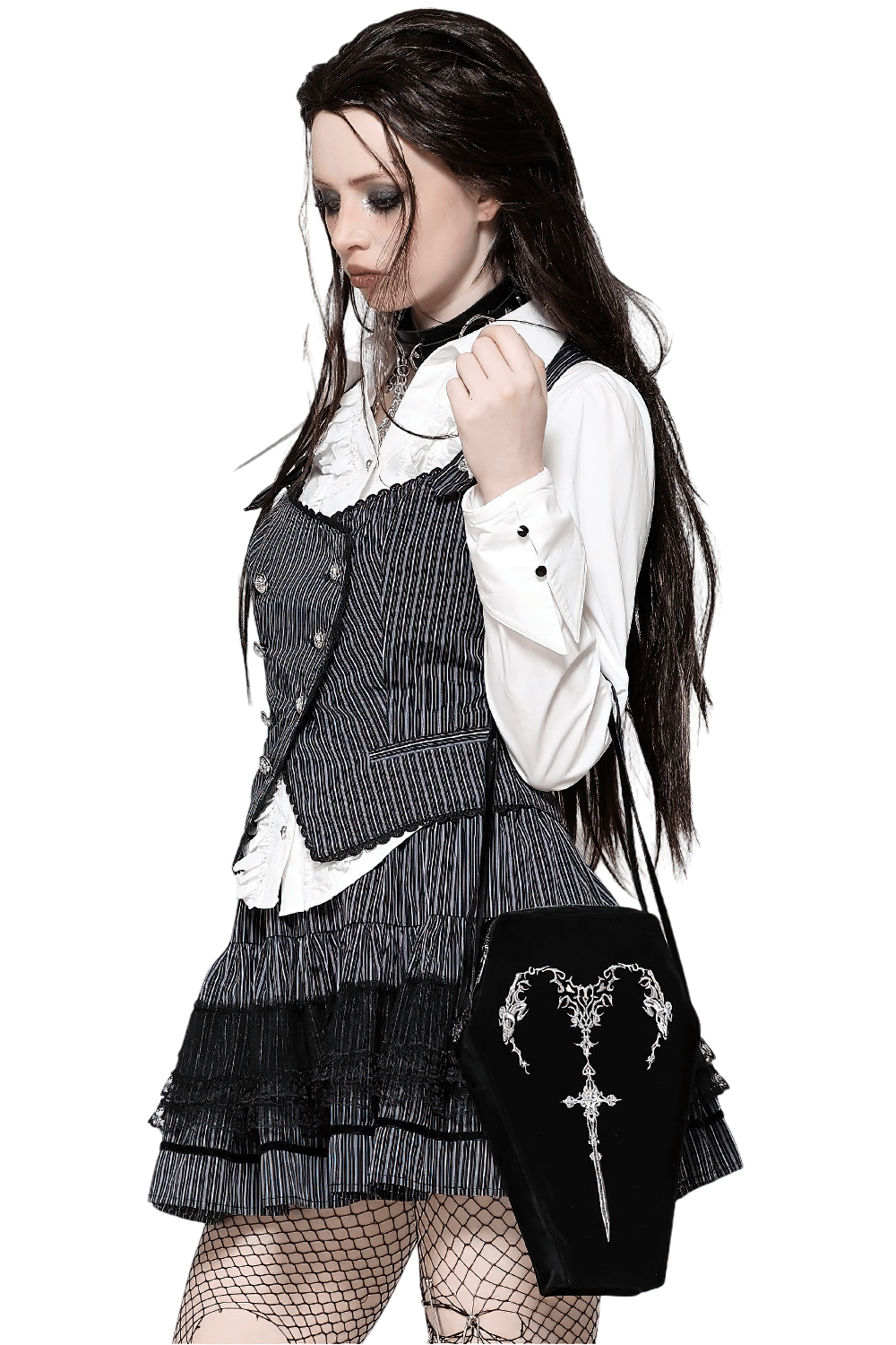 Gothic Coffin Shoulder Bag with Embroidered Sword Design