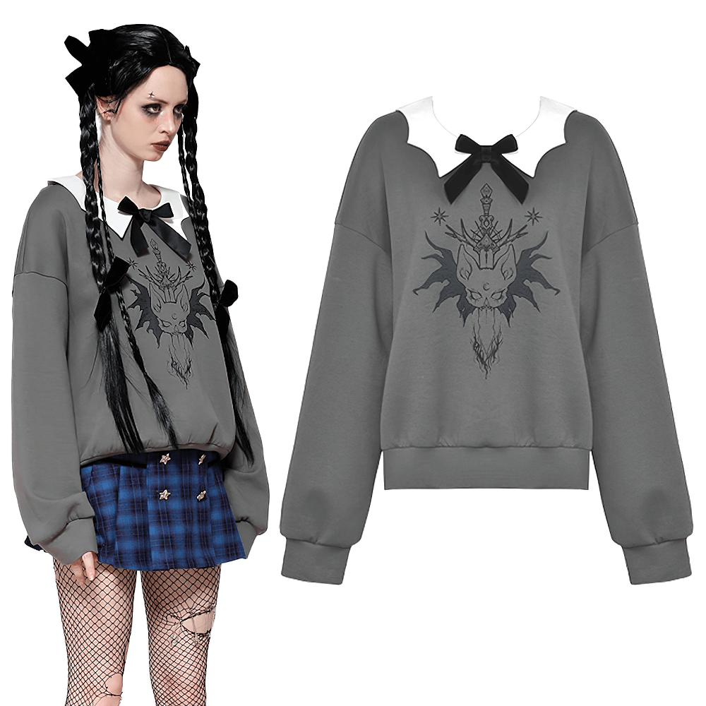 Gothic Collar Bow Sweatshirt with Unique Cat Design