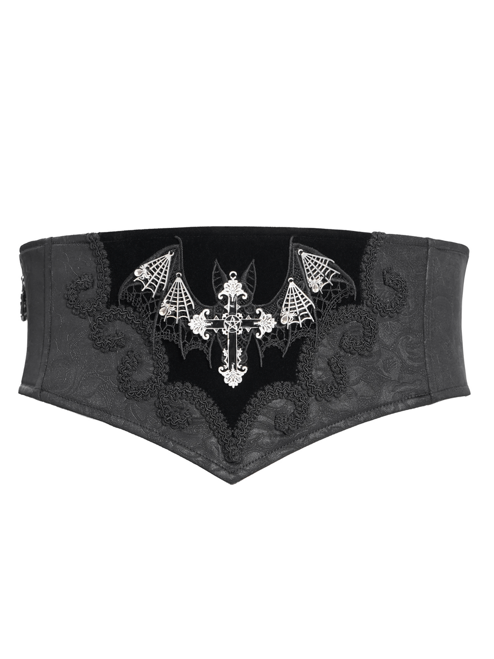 Gothic Corset Belt with Bat Wings and Cross Embroidery
