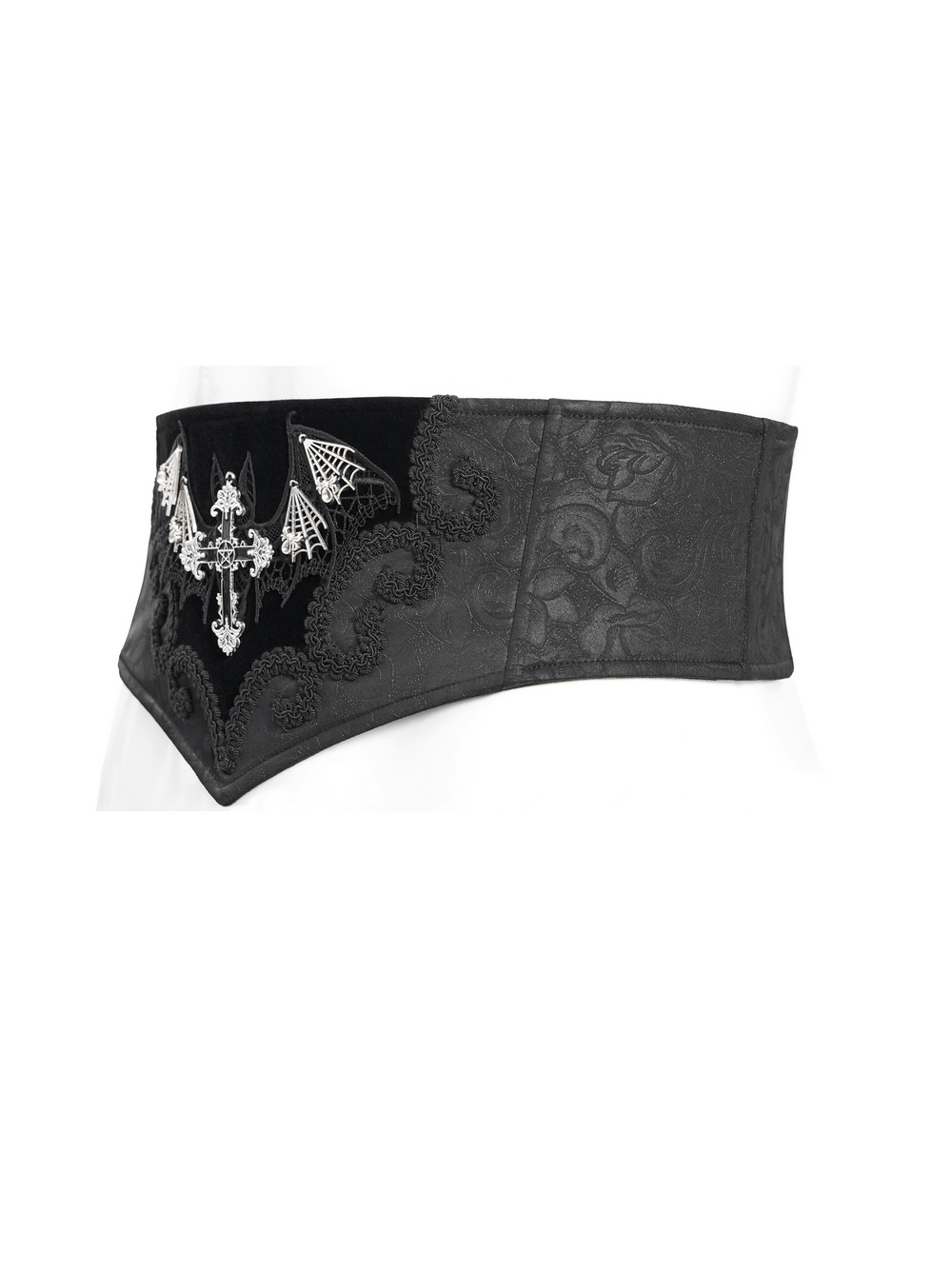Gothic Corset Belt with Bat Wings and Cross Embroidery