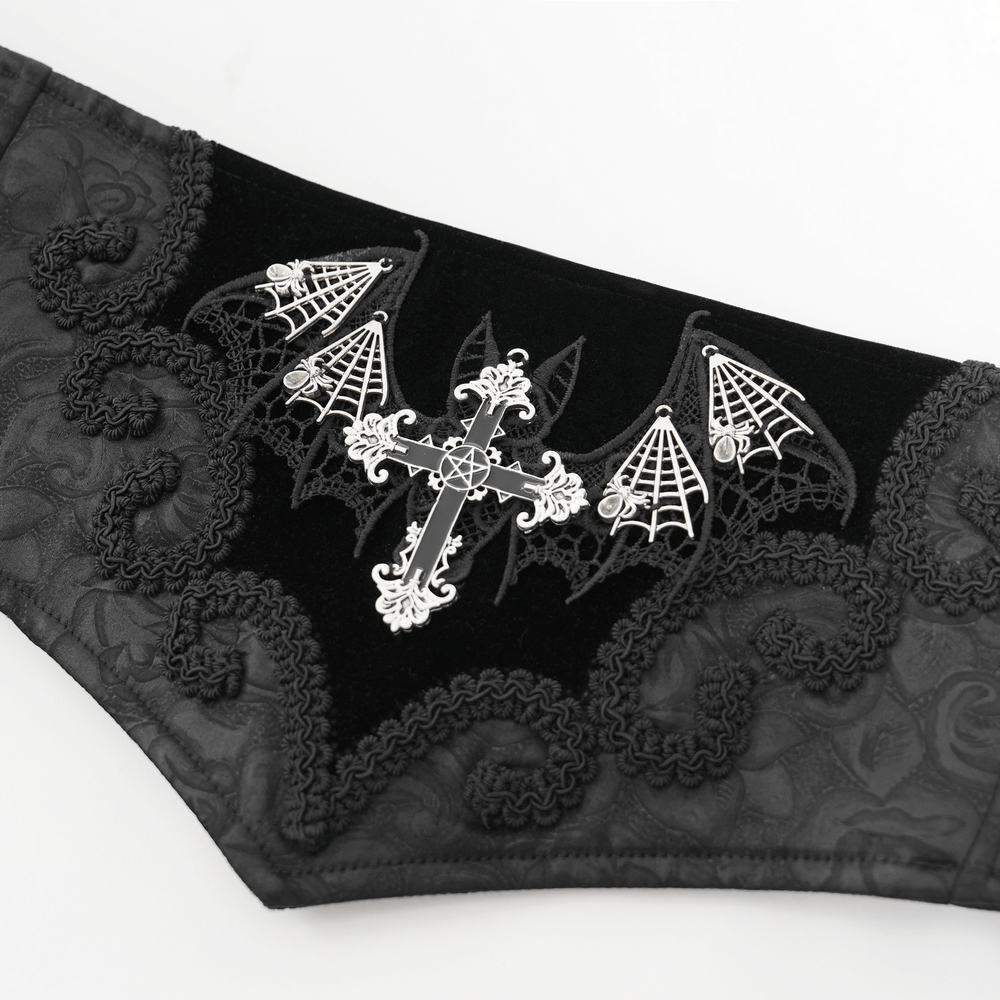 Gothic Corset Belt with Bat Wings and Cross Embroidery