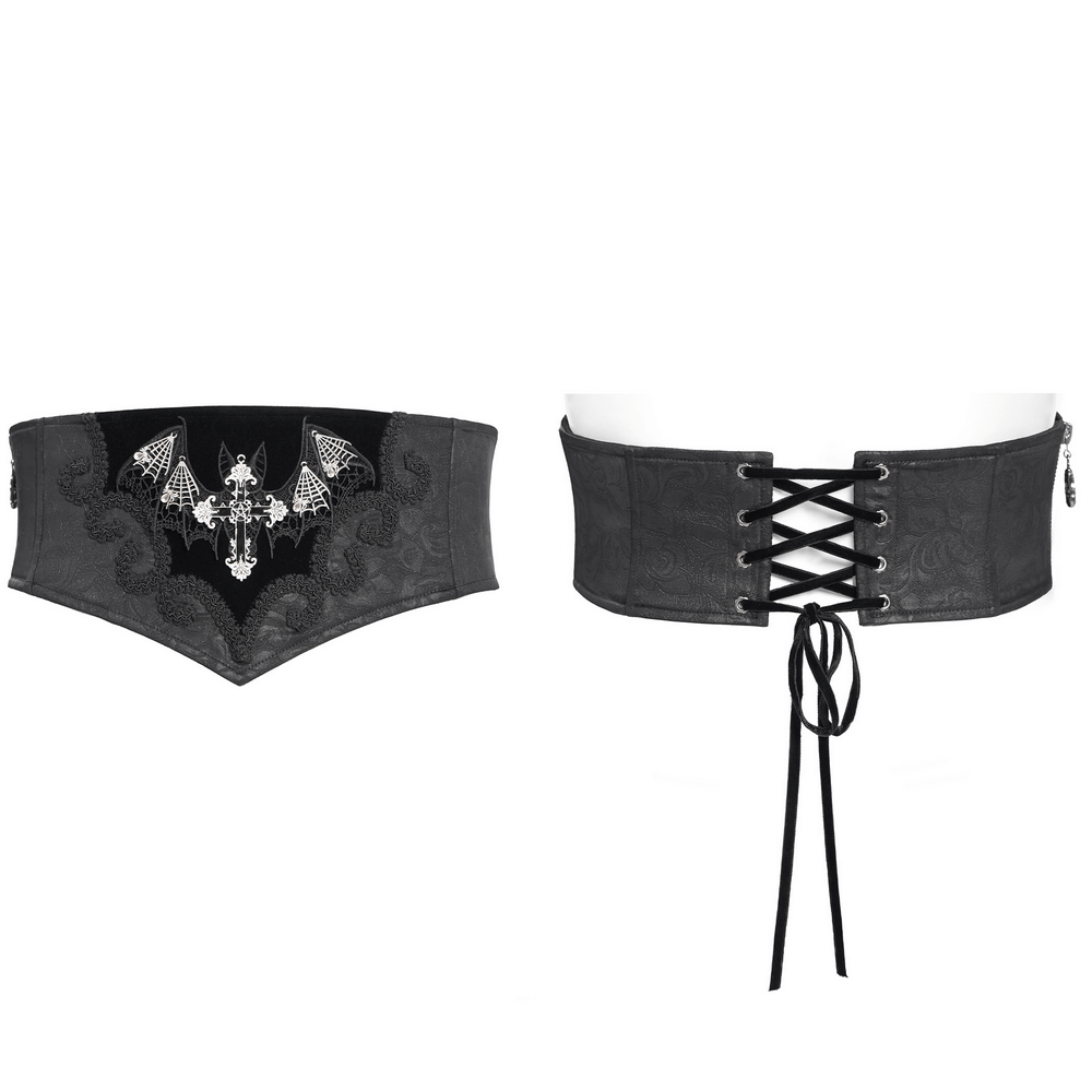 Gothic Corset Belt with Bat Wings and Cross Embroidery