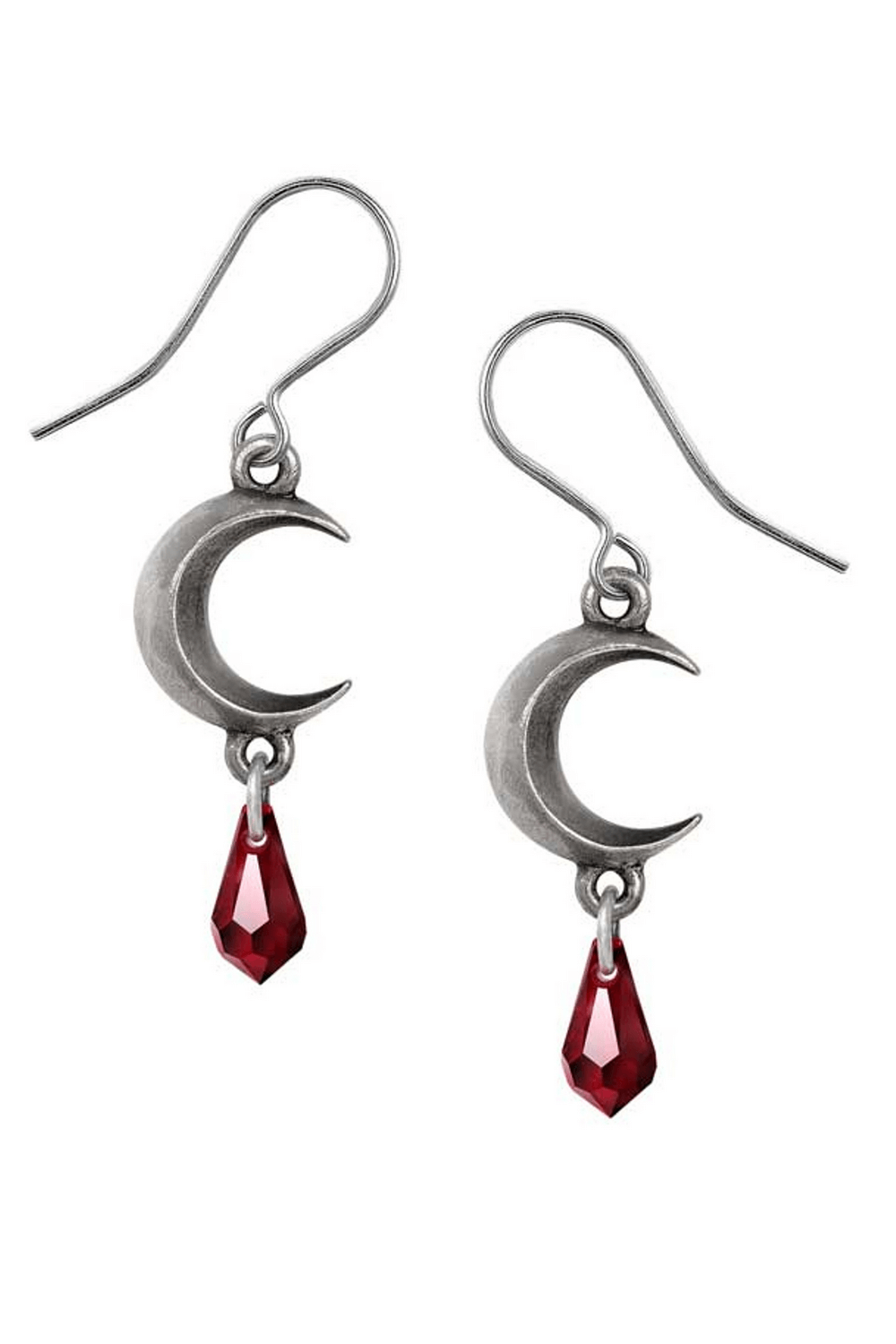 Gothic Crescent Moon Earrings with Red Crystal Drop