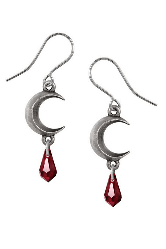 Gothic Crescent Moon Earrings with Red Crystal Drop