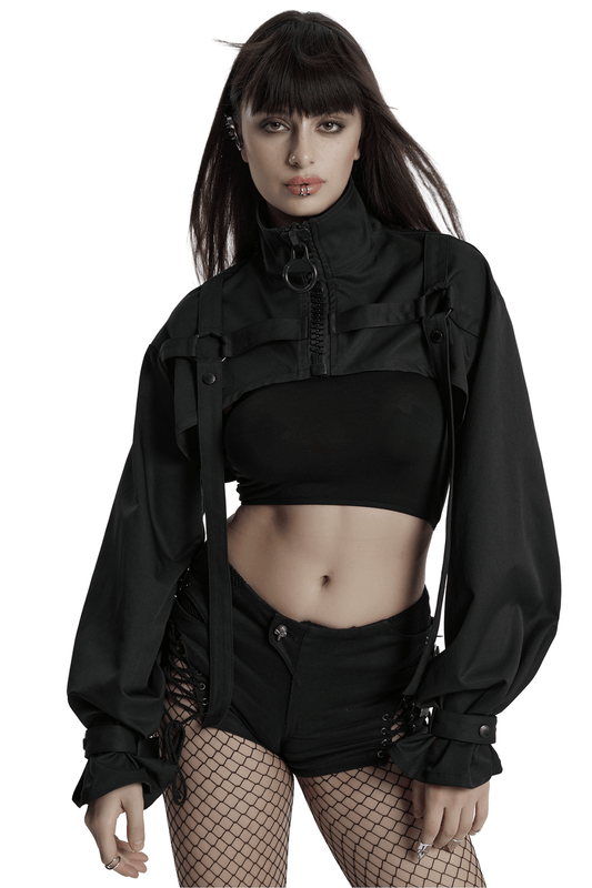Gothic Cropped Jacket with Metal Loop and Ribbon Details