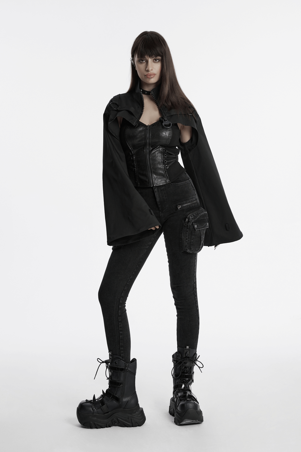 Gothic Cropped Jacket with Metal Loop and Ribbon Details