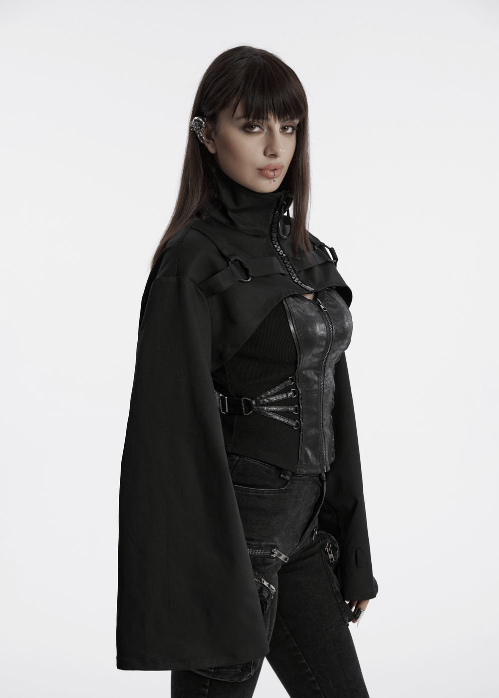 Gothic Cropped Jacket with Metal Loop and Ribbon Details