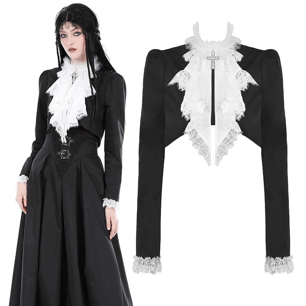 Gothic Cropped Lace Short Jacket with White Ruffle Collar