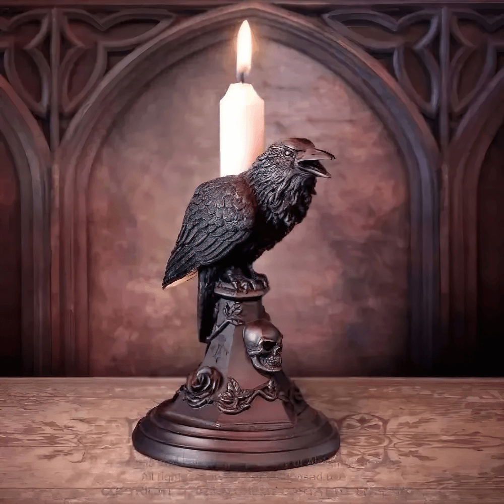 Gothic Crow Candle Holder with Skull Base for Decoration