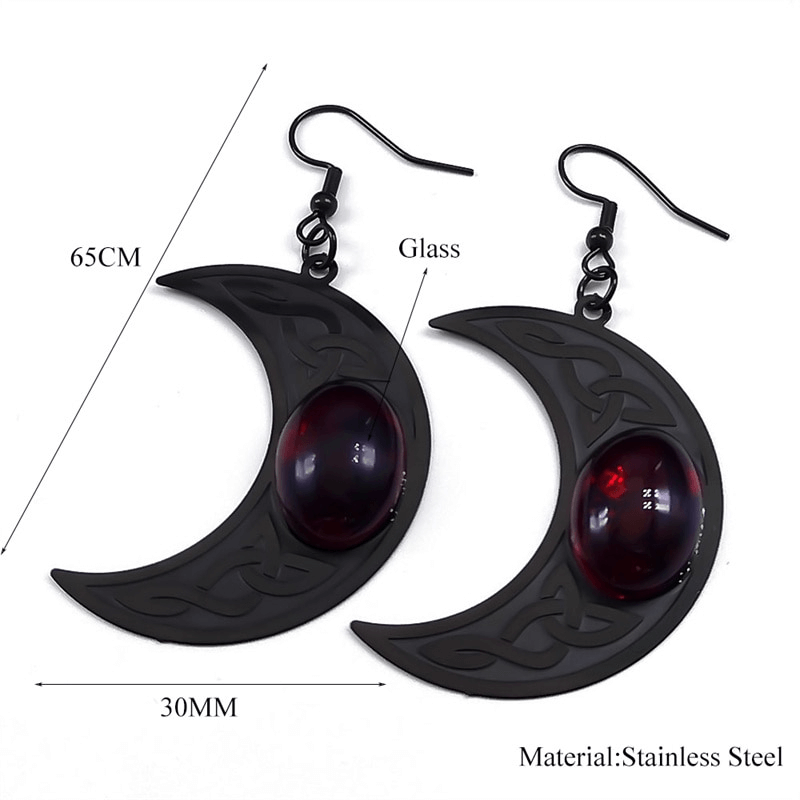 Gothic Dark Celtic Earring for Women / Stainless Steel Crescent Form Earrings with Red Stone