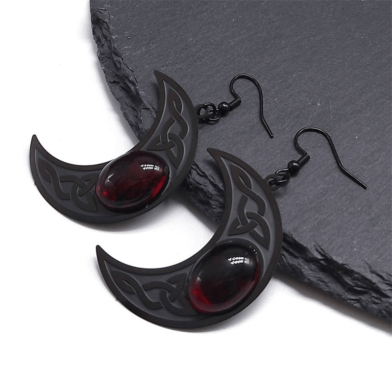 Gothic Dark Celtic Earring for Women / Stainless Steel Crescent Form Earrings with Red Stone