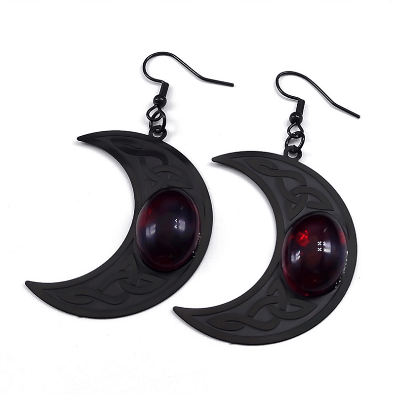 Gothic Dark Celtic Earring for Women / Stainless Steel Crescent Form Earrings with Red Stone