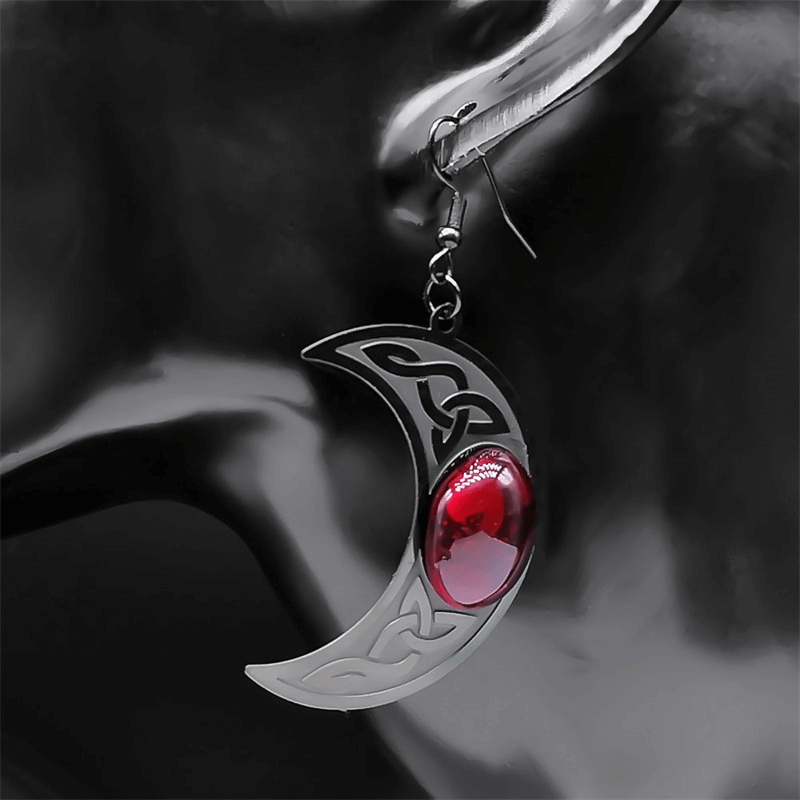 Gothic Dark Celtic Earring for Women / Stainless Steel Crescent Form Earrings with Red Stone