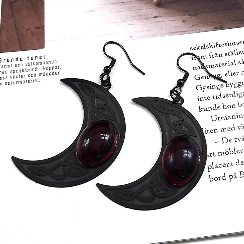 Gothic Dark Celtic Earring for Women / Stainless Steel Crescent Form Earrings with Red Stone