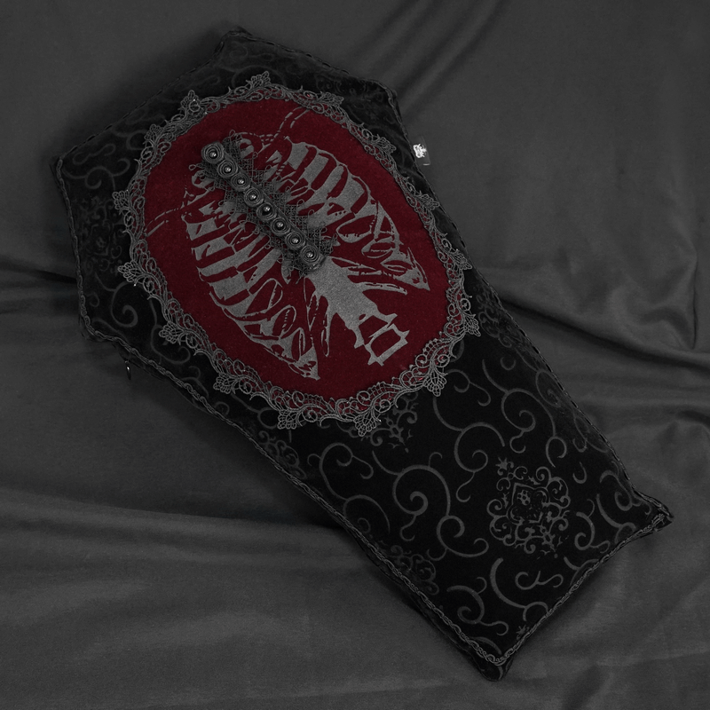 Gothic Dark Coffin-Shaped Cushion With Noble-Elegant Finish / Super Soft Pillow With T-Lace Trim