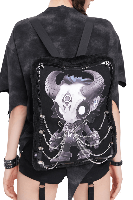 Gothic Demon Skull Backpack with Chains and Fur Trim
