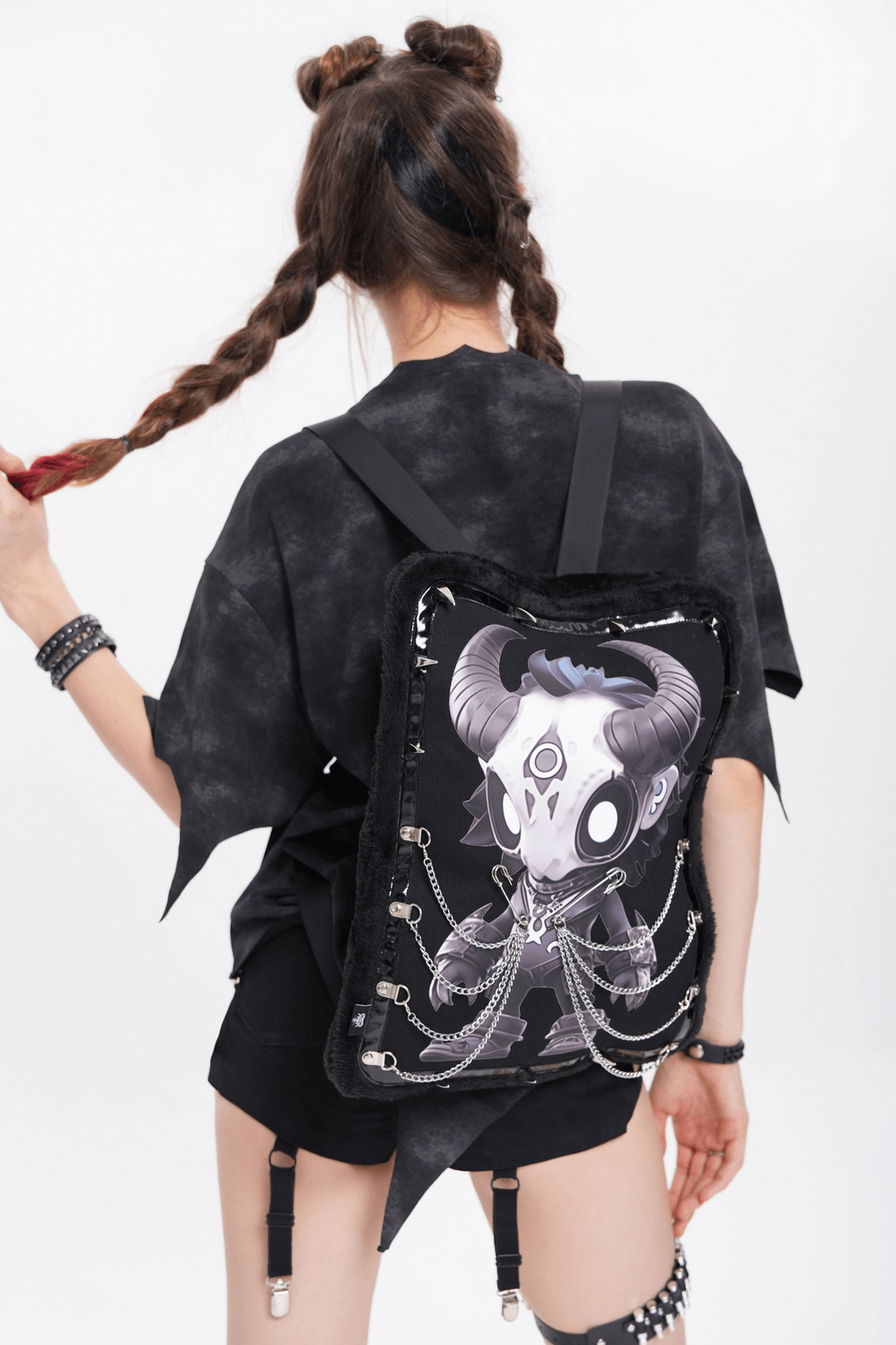 Gothic Demon Skull Backpack with Chains and Fur Trim