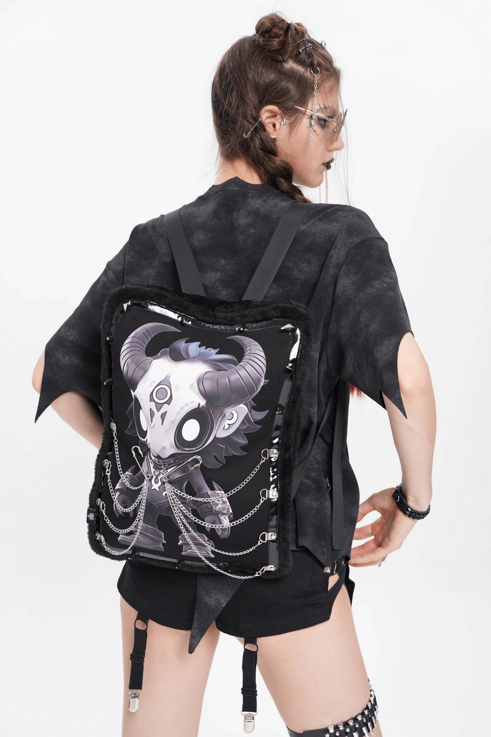 Gothic Demon Skull Backpack with Chains and Fur Trim