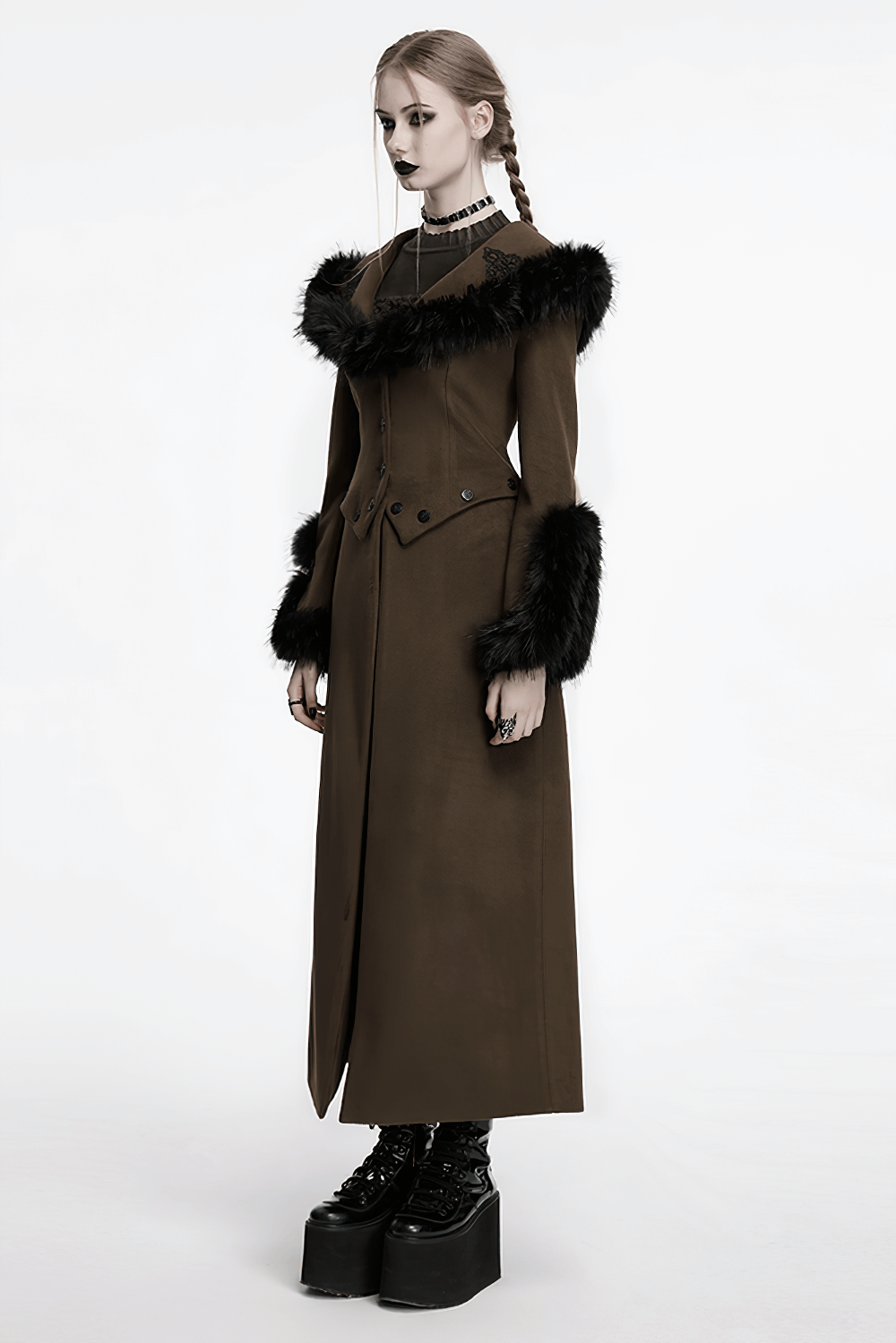 Gothic Detachable Two-Piece Woolen Coat with Fur Collar