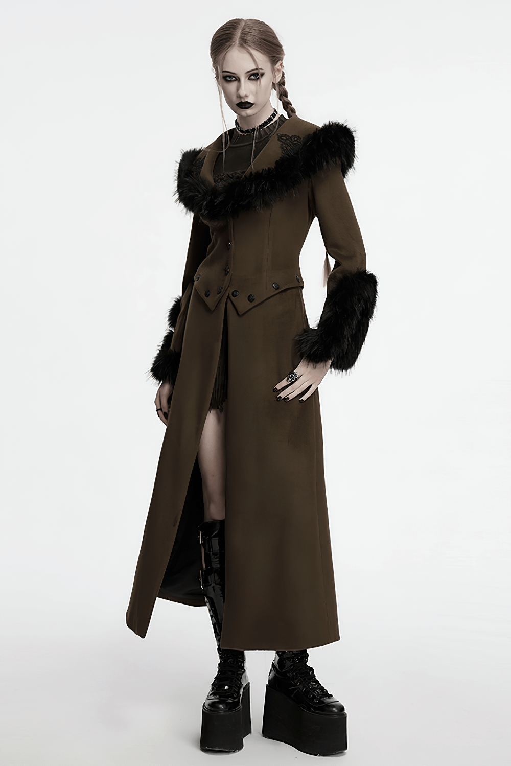 Gothic Detachable Two-Piece Woolen Coat with Fur Collar