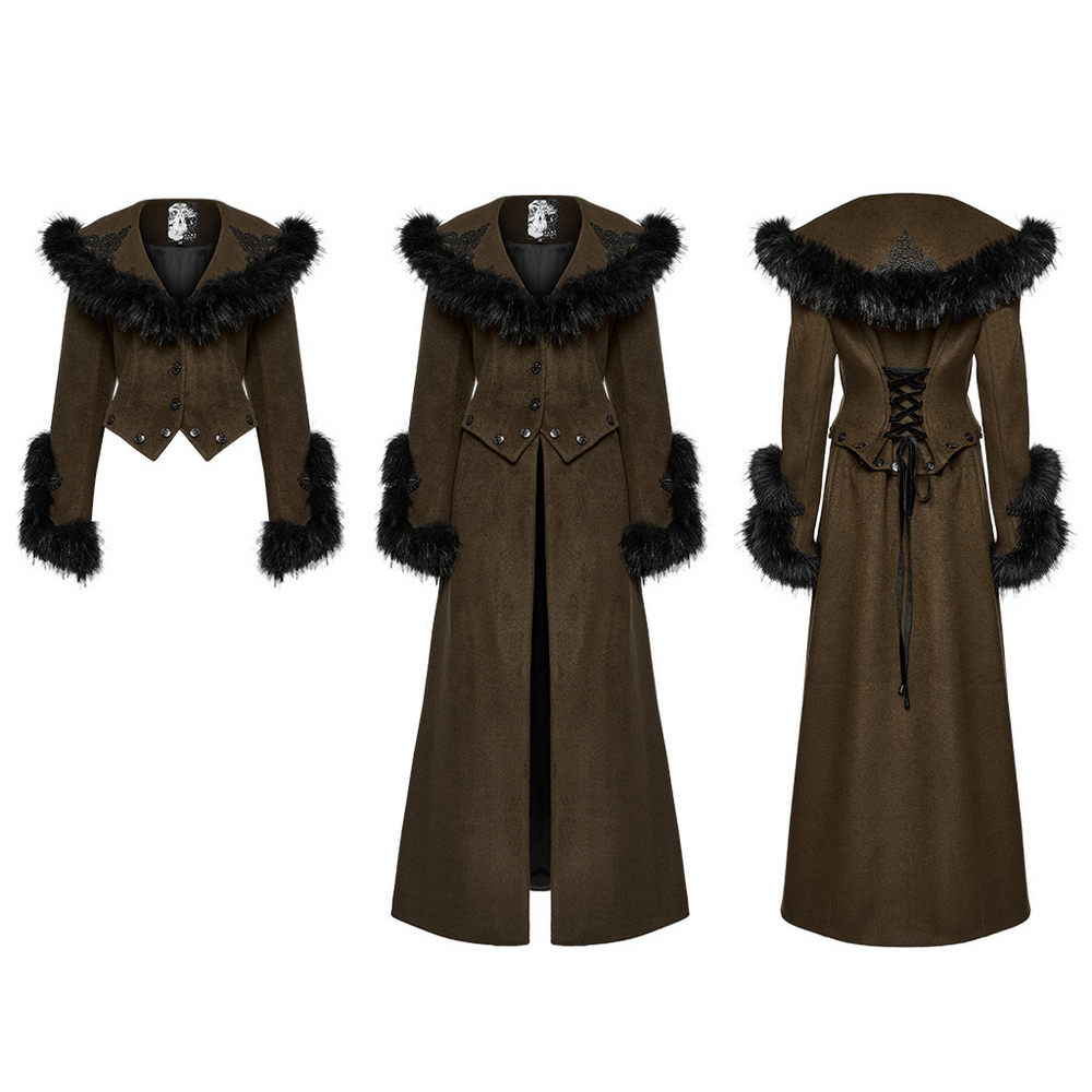 Gothic Detachable Two-Piece Woolen Coat with Fur Collar