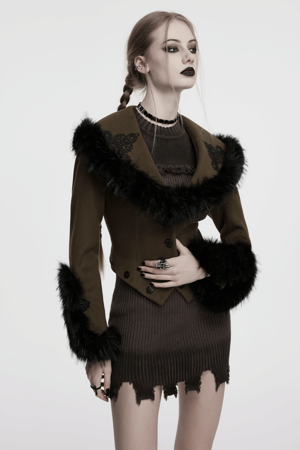 Gothic Detachable Two-Piece Woolen Coat with Fur Collar