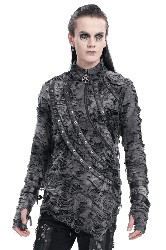 Gothic Distressed Long-Sleeved Sweatshirt with Zippers