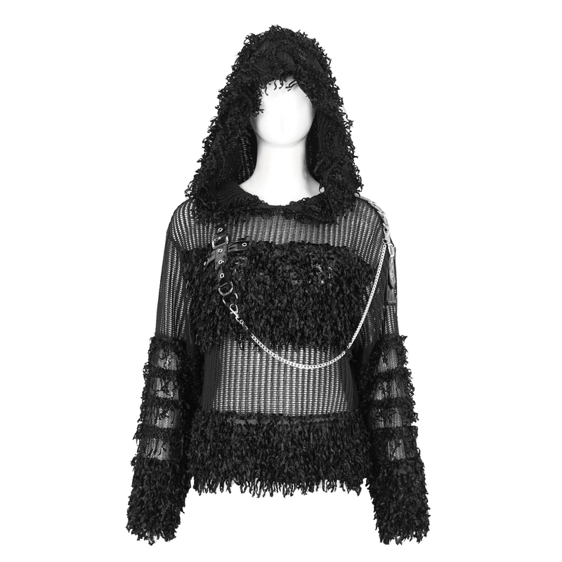 Gothic Distressed Sheer Sweater With Detachable Chain and Hood