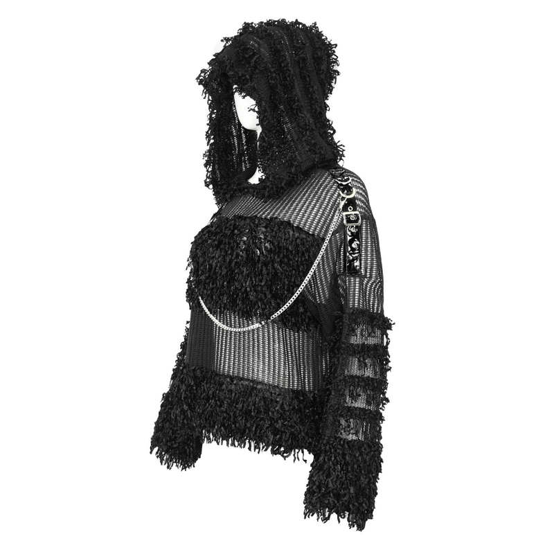 Gothic Distressed Sheer Sweater With Detachable Chain and Hood