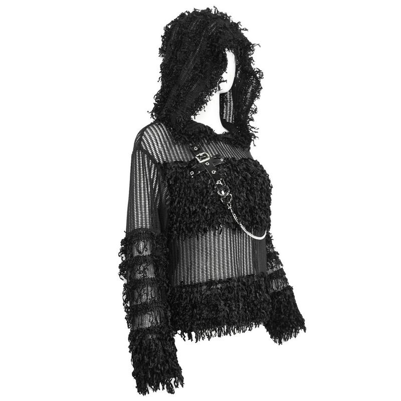 Gothic Distressed Sheer Sweater With Detachable Chain and Hood
