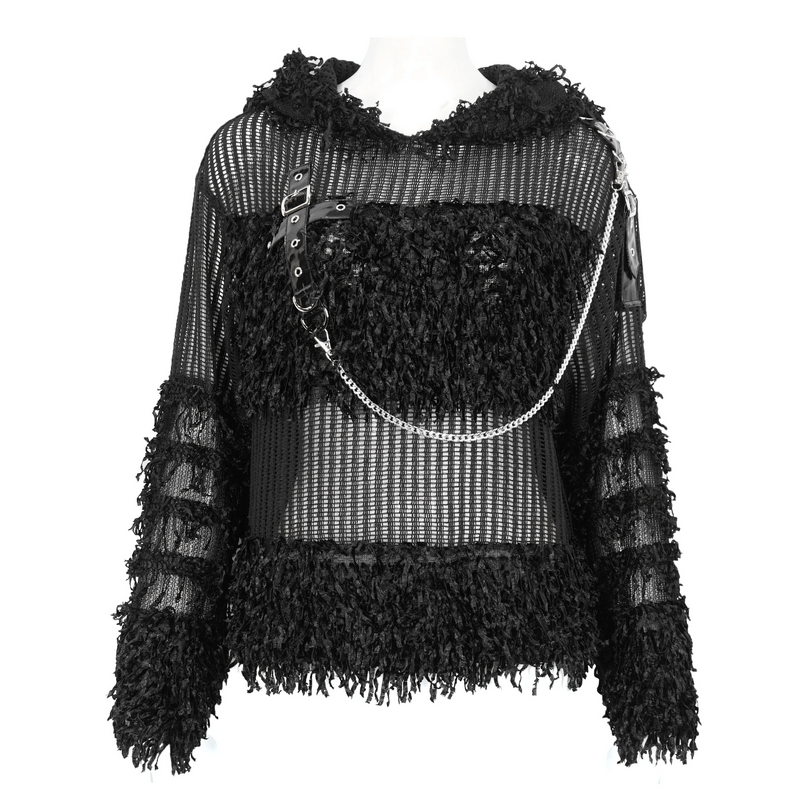 Gothic Distressed Sheer Sweater With Detachable Chain and Hood
