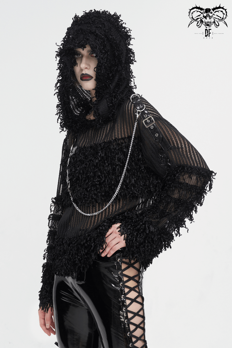 Gothic Distressed Sheer Sweater With Detachable Chain and Hood