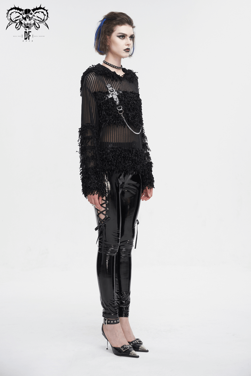 Gothic Distressed Sheer Sweater With Detachable Chain and Hood