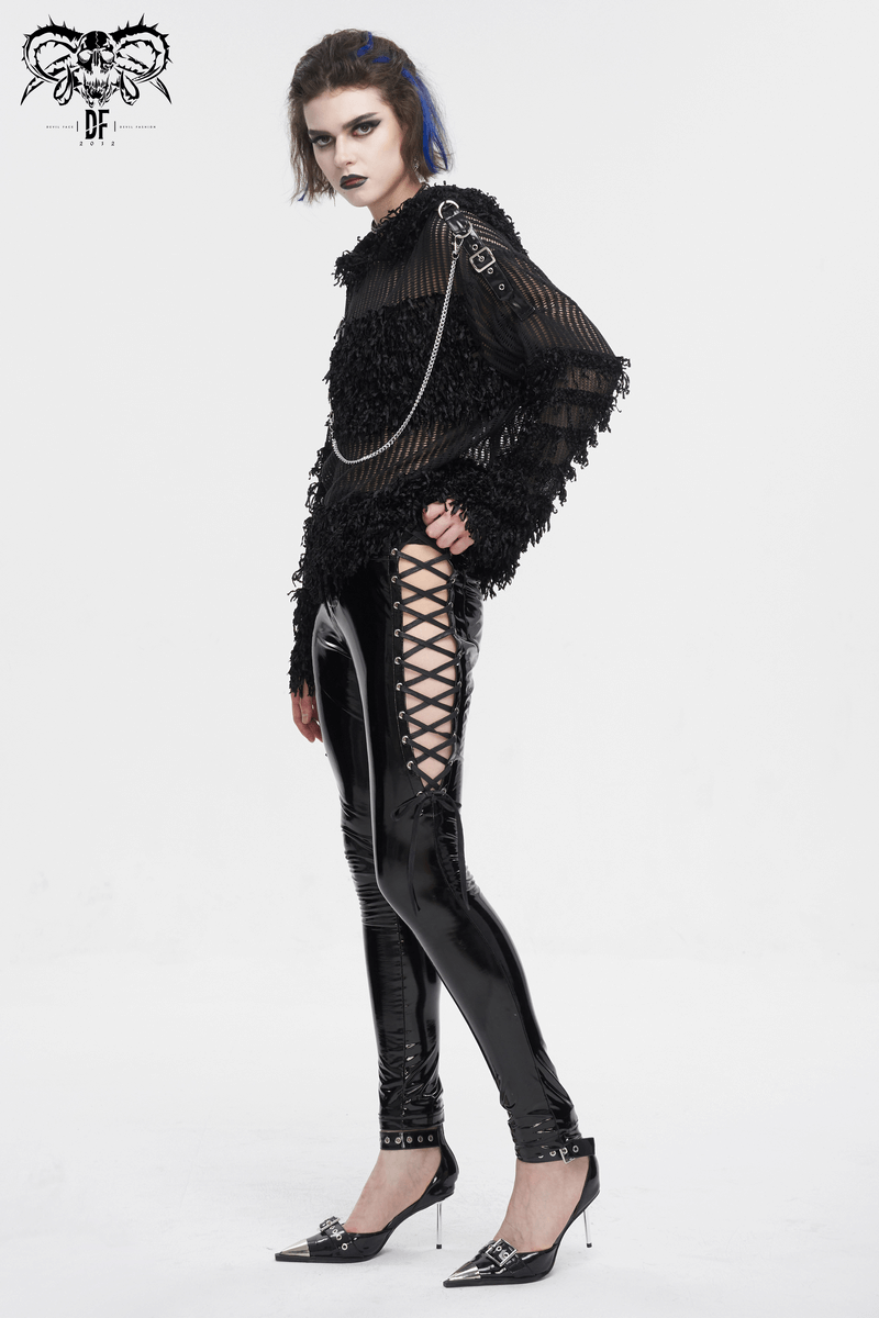 Gothic Distressed Sheer Sweater With Detachable Chain and Hood