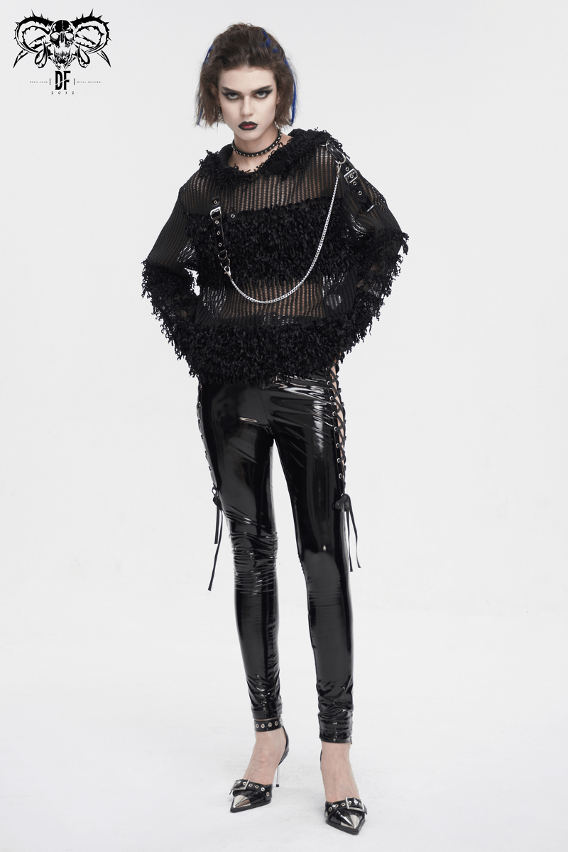 Gothic Distressed Sheer Sweater With Detachable Chain and Hood