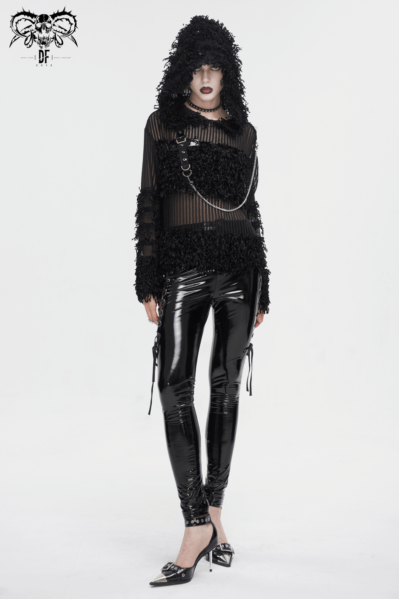 Gothic Distressed Sheer Sweater With Detachable Chain and Hood