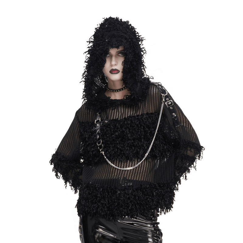 Gothic Distressed Sheer Sweater With Detachable Chain and Hood