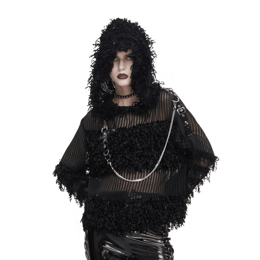 Gothic Distressed Sheer Sweater With Detachable Chain and Hood
