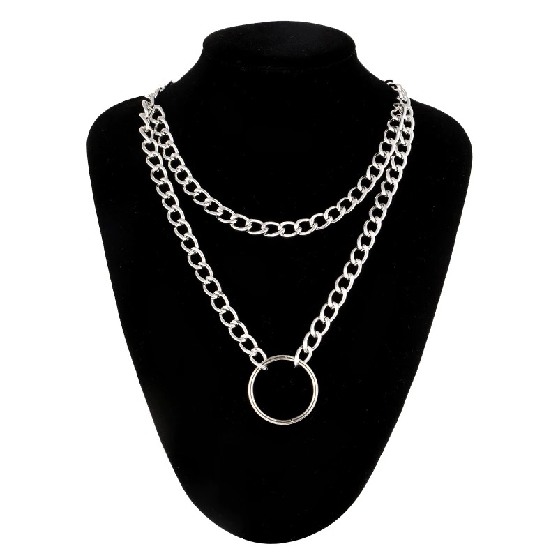 Gothic Double Layer Chain Necklace / Women's Choker Collar with Circle