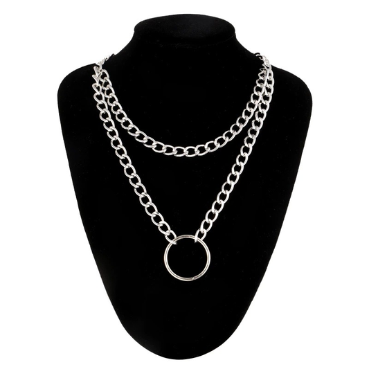 Gothic Double Layer Chain Necklace / Women's Choker Collar with Circle