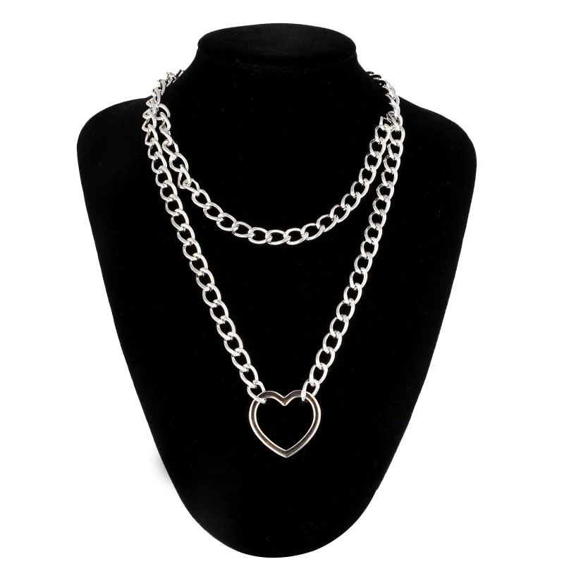 Gothic Double Layer Chain Necklace / Women's Choker Collar with Circle